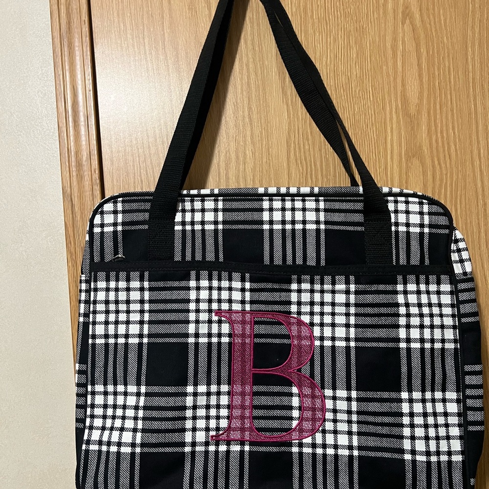 Thirty-One Weekend Black-White Plaid Overnight Bag with an embroidered B